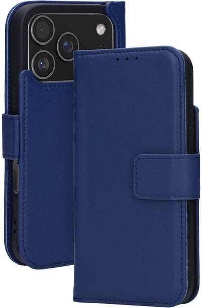 Mobiparts MagSafe Portemonnee/Boekhoesje geschikt voor Apple iPhone 17 Pro Apple iPhone 18 Pro - Echt Leer - Magnetische Sluiting - Ruimte voor drie pasjes - Microvezel voering - Blauw