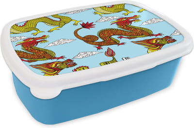 Broodtrommel Blauw - Lunchbox - Brooddoos - Draak - Chinees - Patronen - 18x12x6 cm - Kinderen - Jongen