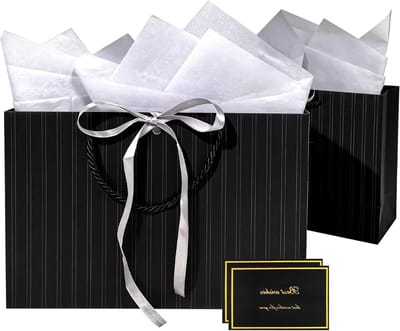 Zwarte cadeauzak met handvatten, inclusief wenskaart en zijdepapier, perfect voor verjaardagen, Valentijnsdag en bruiloften
