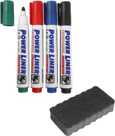Whiteboard stiften 4x gekleurd - en een whiteboard wisser - complete set - kantoor/thuis - Power Liners met punt van 4 mm