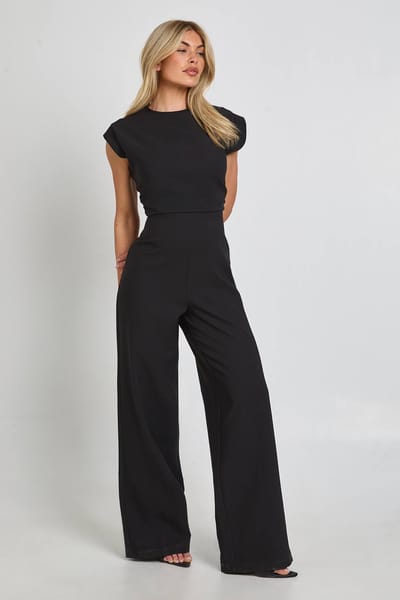 boohoo Dames Jumpsuit Met Gerimpelde Taille En Wijde Pijpen | Zwart | Maat: 38