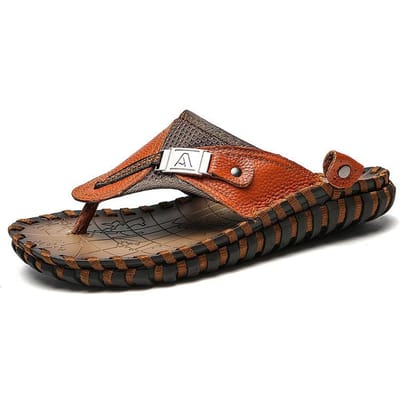 Zomer Nieuw Toplaag Koeienhuid Heren Strand Schoenen Slijtvast Antislip Sandalen Trendy Flip Toe Leer Slippers Heren 41 black