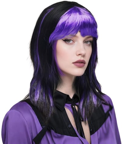 Dailygoods- Heksenpruik Dubbel Gelaagd - Zwart/Paarse Pruik - Halloween Accessoire - Carnaval Kostuum - Hittebestendig Materiaal - Geschikt voor Volwassenen
