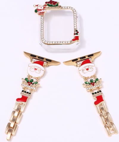 Stravo Kerst metalen bandje voor Apple Watch-bandje 44mm 45mm - Kerstman - Inclusief 1 Bling Cute Case, Damessieraden Strass Roestvrijstalen Merry Christmas-stijl polsbandje met Bling PC-beschermhoes voor Apple Watch Series 4/5/6/7/8/9, SE 1/2/3