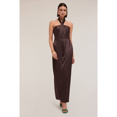 Motivi Shiny Satin Halterneck Dress Brown Maat: 40 | Maxi Jurken Outlet | Dames | Bruin