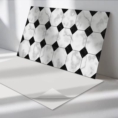 Wallfluent Vinyl Wandpaneel - Geometrische tegelpatronen Zelfklevende Wandbekleding - 100 cm x 50 cm - Zwart en wit Vinyl Wandpaneel - 1 stuk - Rechthoekig Wandbekleding Vinyl - Texturen Wandpaneel - Wandpaneel PVC - Wandpaneel Keuken en Badkamer