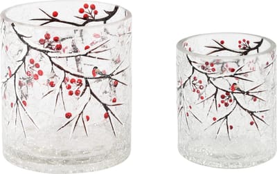 Dekoratief | Set 2 theelichthouders 'Winter Berries', glas, 9x9x10cm | A245071