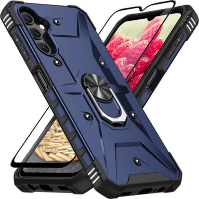 Casemania Hoesje Compatibel met Samsung Galaxy A15 - Blauw - Armor Back Cover met Kickstand + 1x Volledig Dekkend Screenprotector