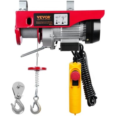 VEVOR 230V elektrische lier met een hefhoogte van 125 kg tot 250 kg, een kabeltakel van 12 m, een motor van 510 W en een hefsnelheid van 10 m/min. De lier is voorzien van een bedrade afstandsbediening en een kettingtakel.