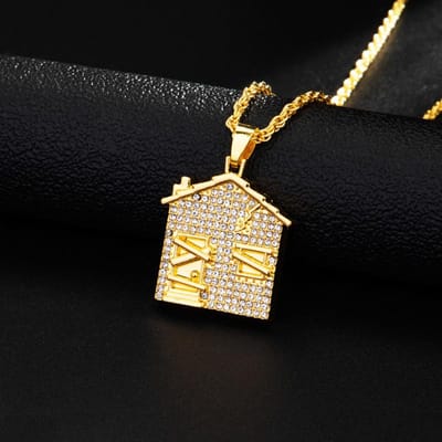Pendentif Mignon en Forme de Maison Personnalité Européenne et Américaine avec Zircon Micro Incrusté Tendance Marque Hip Hop Accessoires de Collier black
