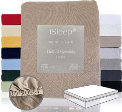 iSleep Dubbel Gebreide Jersey Topper Hoeslaken - Rondom Elastiek - Eenpersoons - 90x200/210/220 cm - Taupe