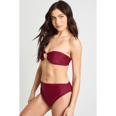 boohoo Dames Goudkleurig Afgewerkte Bandeau Bikinitop En Hoge Taille Bikinibroekje | Bordeaux Rood | Maat: 34