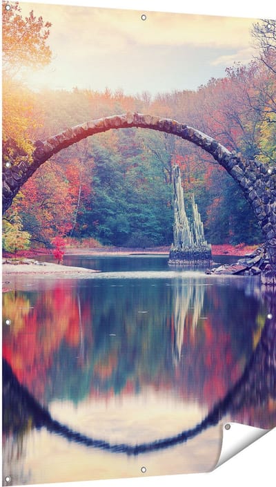 Gards Tuinposter Rakotz Brug in Duitsland in de Herfst - 100x150 cm - Tuindoek - Tuindecoratie - Wanddecoratie buiten - Tuinschilderij