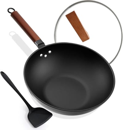Koekenpan - Wokpan met deksel - Lekker Koken - Natuurlijke anti-aanbaklaag - 33 cm - Zwart