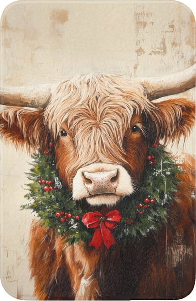 WC mat 40x60 cm - Antislip - Kerst - Schotse Hooglander - Bruin - Krans - Toiletmat - Vloermat - Douchemat - Toilet tapijt - Toiletmatten