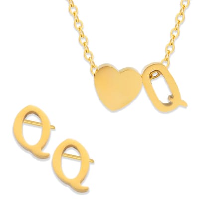 Initiaal Ketting & Oorbellen set met Letter Q Goudkleurig - Stainless Steel - Met letter & Hartje! - 2x Sieraden Cadeau - Pax Amare