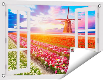 Gards Tuinposter Doorkijk Kleurrijke Bloemenveld met een Windmolen - 60x40 cm - Tuindoek - Tuindecoratie - Wanddecoratie buiten - Tuinschilderij