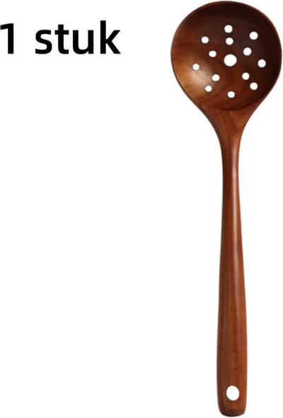 Lepel met lange steel en gaatjes - Teakhout - Keukenlepel - 35 x 9,5 cm - Bruin - 1 stuk