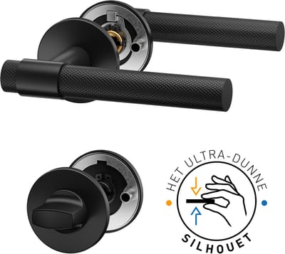 ROSA Super Slim Deurbeslag - Zwarte Deurklink met ronde rozet en WC rozet - Deurgrepen voor toilet/badkamerdeuren - Binnendeur - Roestvrij staal