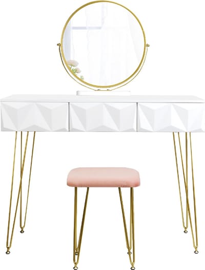Luxiqo® Kaptafel - Make-Up Tafel - Kaptafel Set met Spiegel - 360° Draaibare Make-Up Spiegel - 3 Lades - Fluwelen Kruk - Wit/Grijs