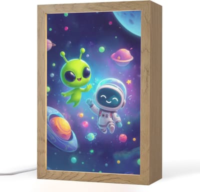 Nachtlampje 20x30 cm - Kinder lampje - Alien - Astronaut - Ruimte - Planeten - Tafellamp kinderkamer - Slaapkamer lamp - Bedlamp kinderen - Kinderlampje stopcontact - Wandlamp babykamer - Nachtlampjes