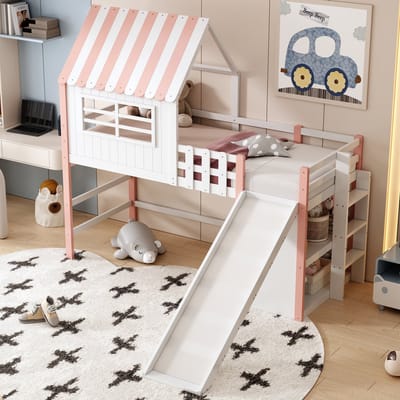Kinderbed 90 x 200 cm - hoogslaper met veiligheidsladder en veiligheidsglijbaan - opbergvak - eenpersoonsbed - roze - zonder matras