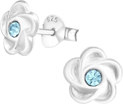 Aramat Jewels | Oorbellen | Zilveren bloemen oorstekers met blauwe kristal | | | |7mm | Zilver | Kinderen, Volwassenen | Verkleurd niet