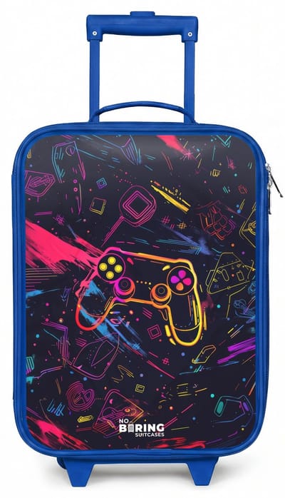 NoBoringSuitcases.com® - Kinderkoffer blauw - Kindertrolley jongen - Gamerwereld in neonstijl - Koffer kind lichtgewicht - Reiskoffer trolley voor kinderen - Koffertje met lichtgevende wieltjes - Rolkoffer