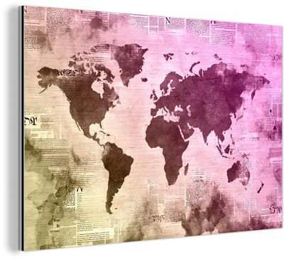Aluminium schilderij 120x80 cm - Wanddecoratie metaal - Wereldkaart - Geel - Paars - Metalen muurdecoratie woonkamer - Decoratie industrieel - Foto op dibond - Industriële accessoires slaapkamer