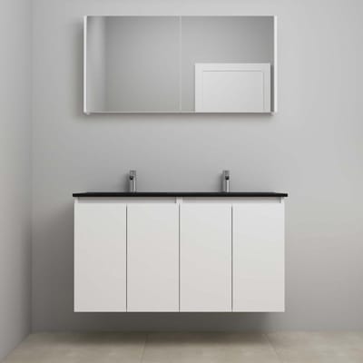 On-Line Badkamermeubelset - 120 cm - Bouwpakket - Greeploze Ladestructuur - Acryl Wastafel - 2 Kraangaten - Spiegelkast - Hoogglans Wit - V01