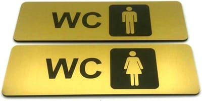 Deurbordje Toilet - WC bordjes - Tekstbord WC - Toilet bordje - WC - Bordje - Heren Dames Toilet - Man Vrouw - Geborsteld Goud Look - Pictogram - Set van 2 - incl. 3M-tape plakstrip - 5 cm x 15 cm x 1,6 mm - 5 Jaar Garantie