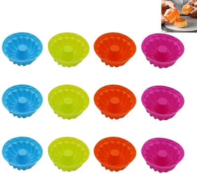 12-delige Cakevormen - Muffinvormen - Mini siliconen bakvormen - Herbruikbaar - Gemakkelijk te ontvormen - Geschikt voor het maken van cakes, desserts, chocoladepudding en gelei -Oranje, roze, blauw en groen