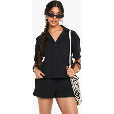 boohoo Dames Linnen-look shirt met korte mouwen | Zwart | Maat: 38