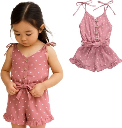 Joya Kids® Meisjes Broekpakje met Strik | Baby & Peuter Jumpsuit met Ruffles | Zomer Romper Oud Roze met Hartjes | Zomersetje Roze met Strikken en Hartjes | Luchtige Zomerkleding Meisje | Jumpsuit | Maat 80 t/m 120 | 6 Maanden tot 5 jaar | Maat 80