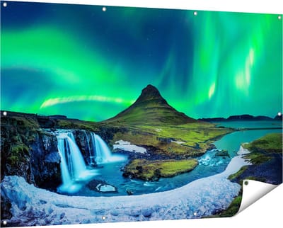 Gards Tuinposter Noorderlicht bij de Watervallen in IJsland - 150x100 cm - Tuindoek - Tuindecoratie - Wanddecoratie buiten - Tuinschilderij