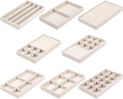 8 stuks sieradendoosje lade, sieradenorganizer, opslag voor oorbellen, ring, armband, broches, halskettingen, beige
