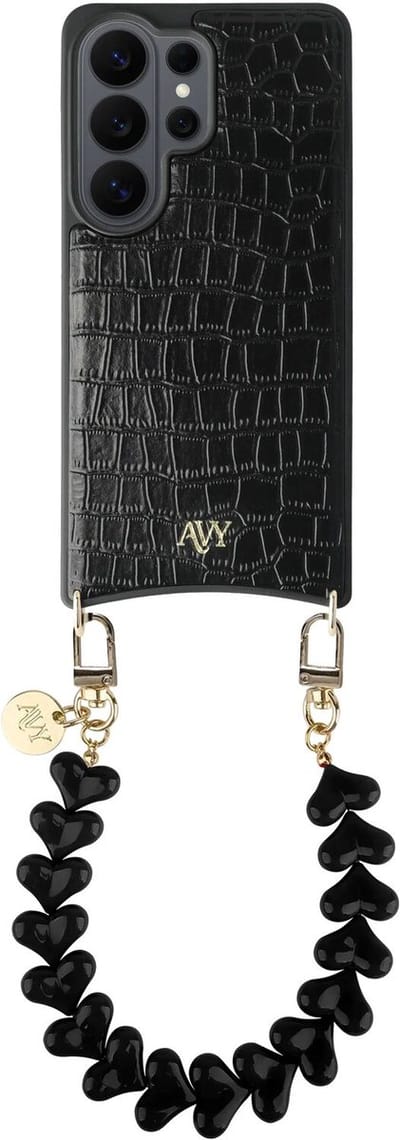 AVY Leren Hoesje Geschikt voor Samsung Galaxy S26 Ultra | Compatibel met MagSafe | Leather Case met Telefoonkoord | Polsband | Croco Zwart | Cupid Black