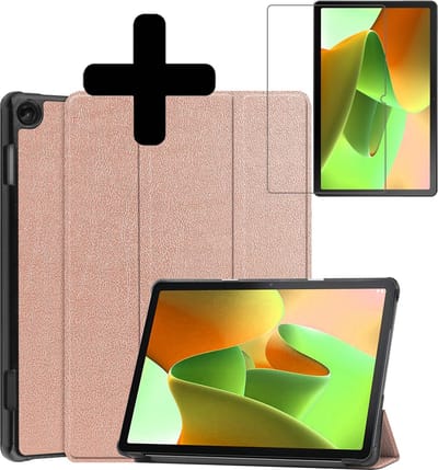 Hoes - Geschikt voor Lenovo Tab M10 (3e / 3rd generatie) - Met Screenprotector - Trifold Bookcase - Hard Cover - Hardcover Book Case - Tablet Hoesje - Rosé goud