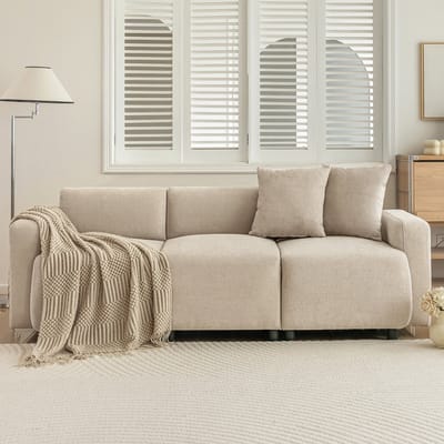 3-zits bank met sierkussens - modern design woonkamerbank - verhoogde rugleuning - afgeronde armleuningen - zachte chenille stof