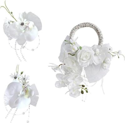 Bruidsboeket Corsage Set - Bruiloft Bloemen - Bruiloft Versiering - Stoffen Zijde Bloemen - 3 Delig - Wit