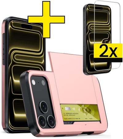 Hoesje Geschikt voor iPhone 17 Pro Hoesje Case Pashouder Hard Cover Met 2x Screenprotector - Hoes Geschikt voor iPhone 17 Pro Hoesje Met Kaarthouder - Rosé goud