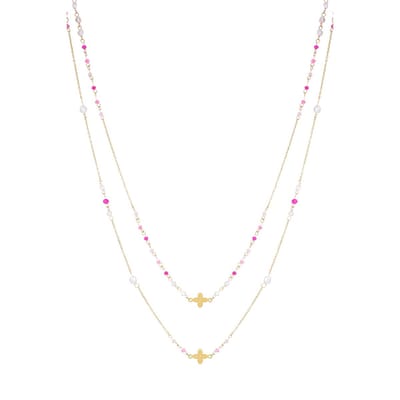 Clover Duo Ketting | RVS (Verkleurt niet) | Goudkleurig | Fuchsia | Beste Cadeau Voor Haar | Geluk Kettingen | Lange Kettingen