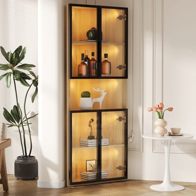 DESMIU Hoekvitrine - Met Ledverlichting En Glazen Deur - Ruimtebesparend Voor Woonkamer En Kantoor - MDF In Eikenlook - 62x32x160 Cm