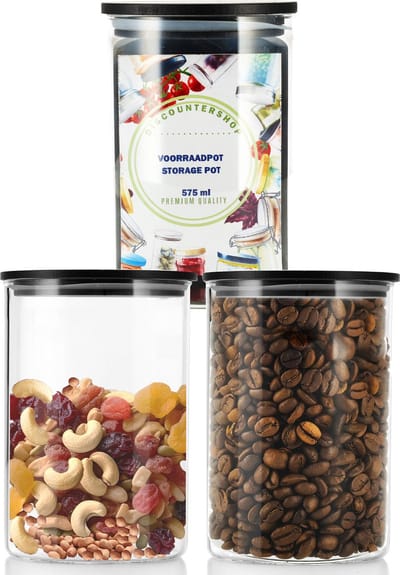 Voorraadpotten set van 3 - Luchtdichte bamboe deksels - Glas - BPA Vrij - 575 ML - 13,2 cm Hoog - 8 cm Diameter - Snoeppot