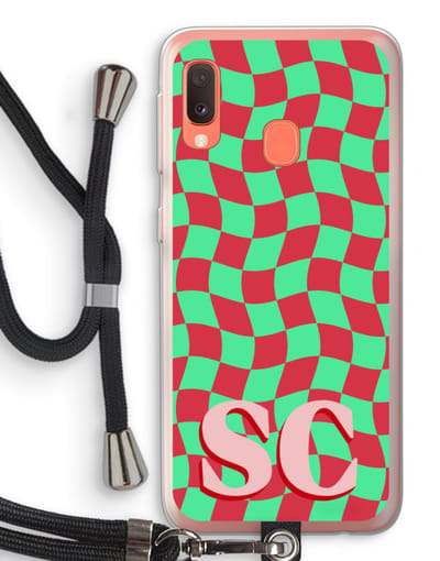 Gepersonaliseerd - Case Company® - Hoesje met koord geschikt voor Samsung Galaxy A20e hoesje met Koord - Grid Monogram - Telefoonhoesje met Zwart Koord - Bescherming aan alle Kanten en Over de Schermrand