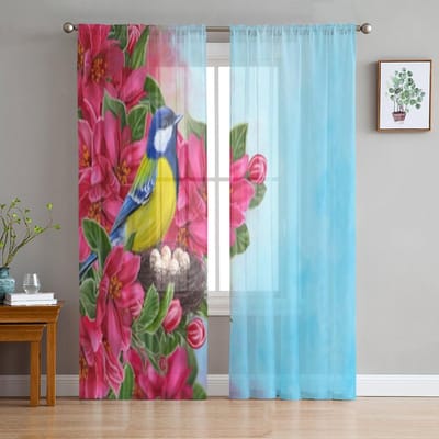 Geel Vogeltje Sakura Tak Transparante Gordijnen Voor Woonkamer Raam Transparant Voile Tule Gordijn Slaapkamer Draperieën Huisdecoratie 135W x 114H(cm) pink