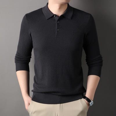 Heren Herfst Nieuwe Heren Lange Mouw Effen Kleur T-shirt Modieuze Trui Revers Casual Onderlaag Trui 4XL black