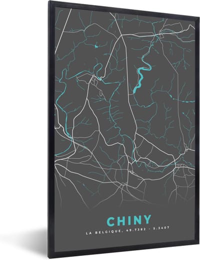Fotolijst incl. Poster - Plattegrond – Chiny – Blauw – Stadskaart - Kaart - België - 40x60 cm - Posterlijst
