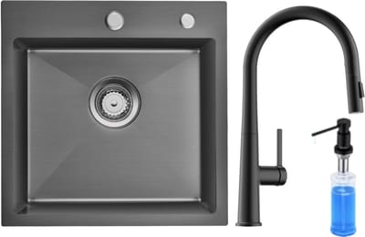 Auralum max Spoelbak voor keuken 45x45cm - Spoelbakken Keuken Met C-uitloop Keukenkraan en Zeepdispenser 300ML - Wasbak met waterafvoersysteem - Antraciet