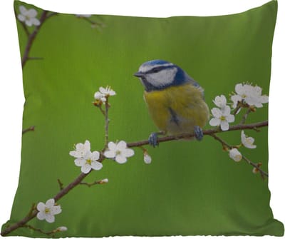 Tuinkussen - Pimpelmees - Tak - Bloemen - Bloesem takken - Vogel - 40x40 cm - Weerbestendig